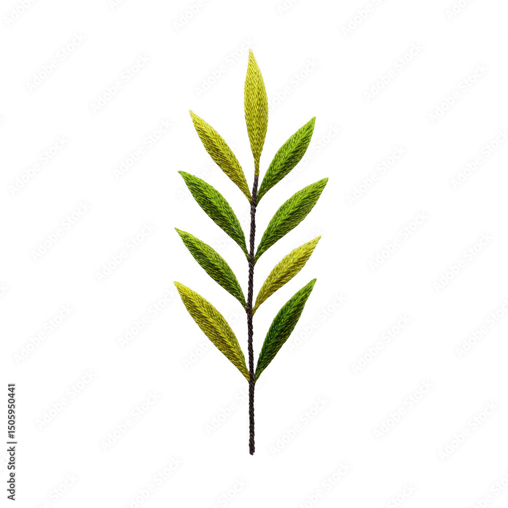 Single green leaf branch with multiple leaves arranged symmetrically on transparency background, showcasing natural and minimalist design Single green leaf branch with multiple leaves arranged symmetrically on transparency background, showcasing natural and minimalist design