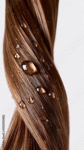 Smooth brown hair strand with water droplets close up, showing clean and healthy texture with natural shine and moisture