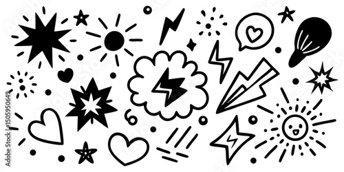 Line marker hand drawn brush arrow element set. Sketch pencil stroke vector graphic pen underline scribble icon. Hand drawn line heart, crown, star symbol highlight marker shape. Vector illustration