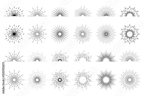 A set of solar bursts and sunsets on a white background. Sunset and sun rays in vintage style. A collection of starbursts, fireworks, logos. Vector EPS 10.
