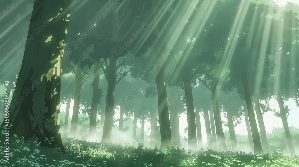 Obraz premium Illustration of mystical forest clearing with sunbeams filtering through trees, green tranquil landscape