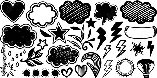 Line marker hand drawn brush arrow element set. Sketch pencil stroke vector graphic pen underline scribble icon. Hand drawn line heart, crown, star symbol highlight marker shape. Vector illustration