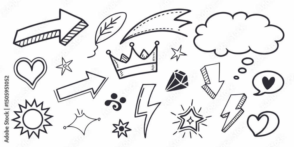 Obraz premium Line marker hand drawn brush arrow element set. Sketch pencil stroke vector graphic pen underline scribble icon. Hand drawn line heart, crown, star symbol highlight marker shape. Vector illustration