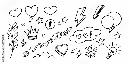 Line marker hand drawn brush arrow element set. Sketch pencil stroke vector graphic pen underline scribble icon. Hand drawn line heart, crown, star symbol highlight marker shape. Vector illustration