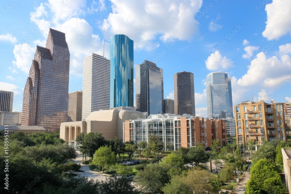 The City Landscape With Tall Buildings And Lush Greenery The City Landscape With Tall Buildings And Lush Greenery