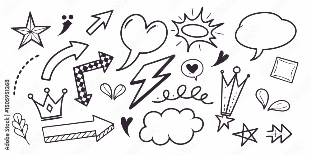 Obraz premium Line marker hand drawn brush arrow element set. Sketch pencil stroke vector graphic pen underline scribble icon. Hand drawn line heart, crown, star symbol highlight marker shape. Vector illustration