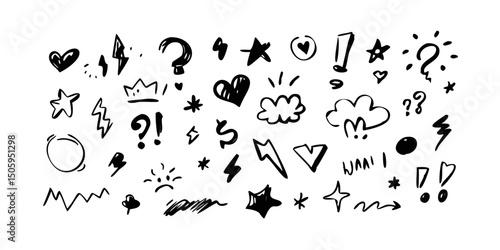 Line marker hand drawn brush arrow element set. Sketch pencil stroke vector graphic pen underline scribble icon. Hand drawn line heart, crown, star symbol highlight marker shape. Vector illustration