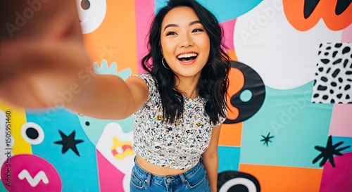 Young woman with dark hair takes selfie with a vibrant background. She wears a patterned top and jeans smiling. The background features abstract shapes and colors.
