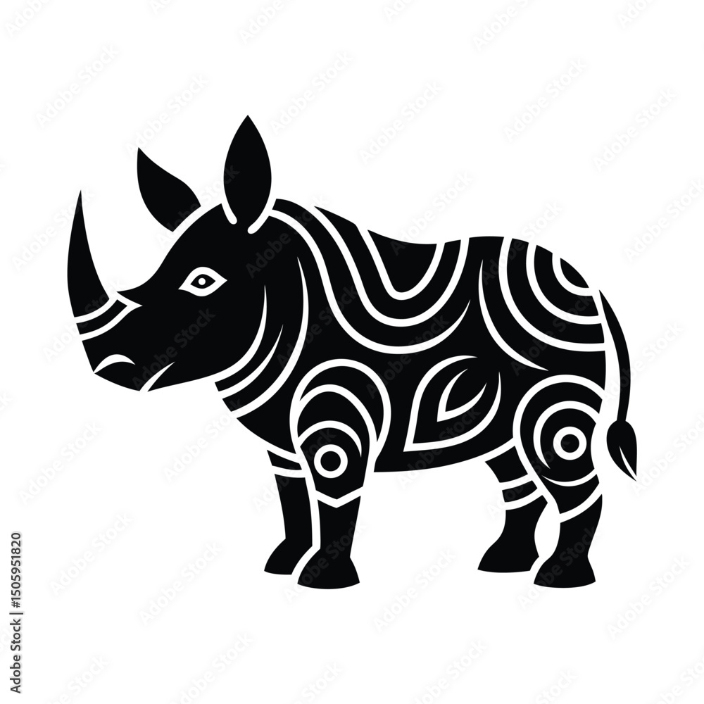 Tribal Rhinoceros Tattoo with Intricate Patterns on White Background Tribal Rhinoceros Tattoo with Intricate Patterns on White Background