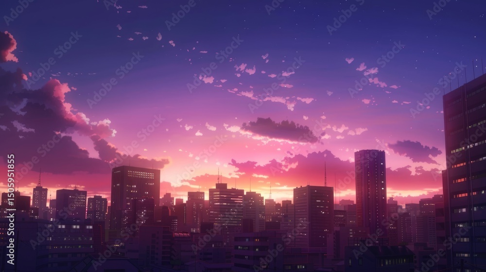 Obraz premium Urban skyline bathed in dreamy lavender and pink sunset with distant skyscrapers silhouette background in anime style