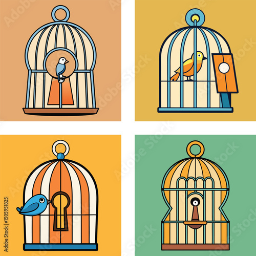 Birdcage Illustration Set Retro Design Birds In And Out Of Cages