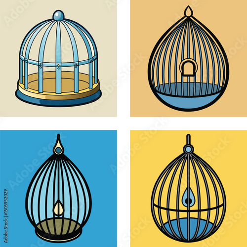 Vector Illustration Of Decorative Birdcages With Different Designs And Color Backgrounds