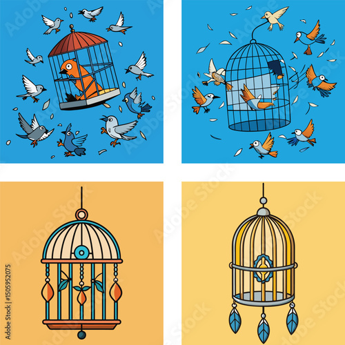 Cartoon Birds Escaping Cages And Decorative Birdcages On Light Blue And Yellow
