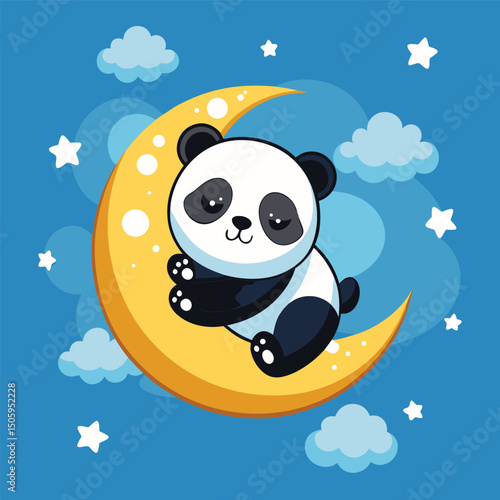 Adorable cartoon panda bear sitting on a crescent moon surrounded by clouds and stars