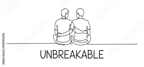 Unbreakable bond: One-line drawing of two people sitting back-to-back, arms around each other.