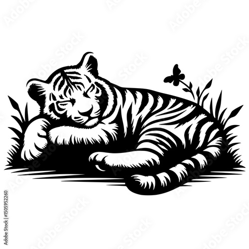 Silhouette of a sleeping tiger cub