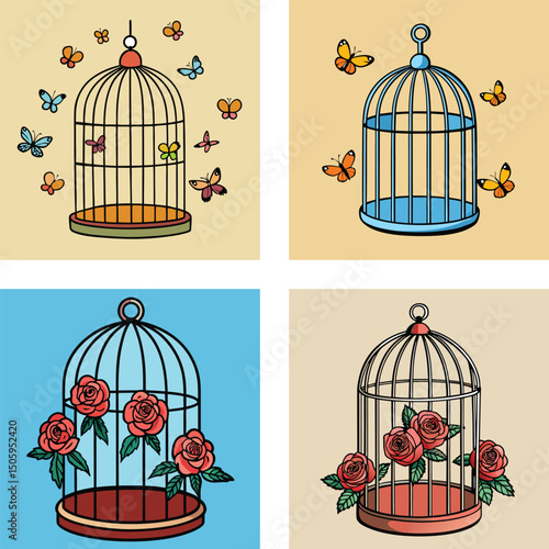 Collection Of Birdcages With Flowers And Butterflies Flat Vector Illustrations Set