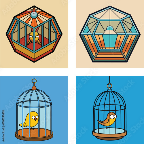 Colorful Birdcage Collection Featuring Cartoon Birds In Modern And Classic Style Cages