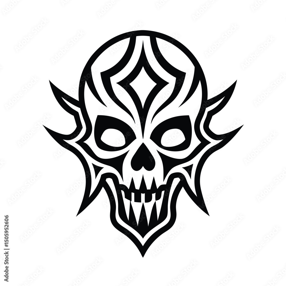 Tribal Skull Tattoo with Intricate Patterns on White Background Tribal Skull Tattoo with Intricate Patterns on White Background