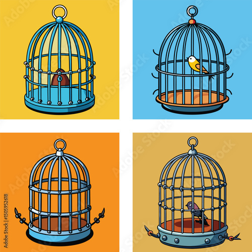 Colorful Comic Style Birdcage Vector Design With Birds And Empty Cages