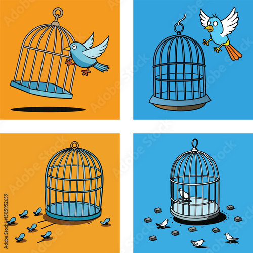 Conceptual Illustration Of Freedom Leaving Confinement Stages Of Birds And Cages
