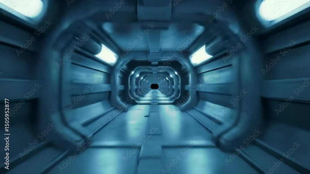 Abstract flying in futuristic sci fi tunnel with lights, digital data, and dark path. Data tunnel and abstract portal, immersive experience animation.