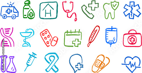 Medical Medicine Related Icons Crayon Chalk Drawing Vector Set