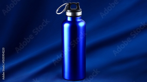 A sleek blue water bottle stands tall against a deep blue backdrop. Its shiny exterior catches light beautifully. Ideal for workouts, travel, or daily hydration.
