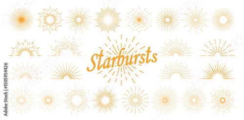 A collection of yellow sunbeam icons on a white background. A sunbeam with lines, sunset. Retro logo in the form of a semicircle with radial rays. A star-shaped sunrise. Vector Eps 10.