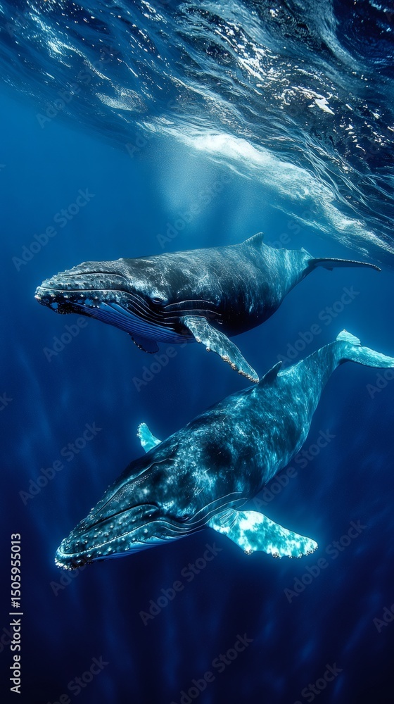 Fototapeta premium Two humpback whales swimming in deep blue ocean