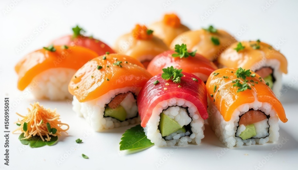 Colorful array of sushi rolls on white background, sushi, ginger, image Colorful array of sushi rolls on white background, sushi, ginger, image
