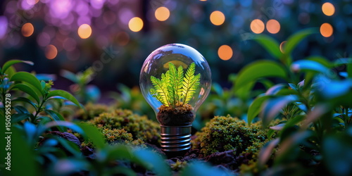 Growth spore eco bulb Planet hope clean energy, moss close up. Fern plant leaf, earth future save nature Modern vision reuse dream, flora green leaves. Globe ecology idea Light glow forest garden care