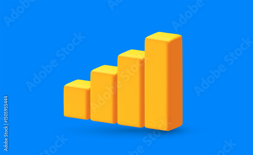 3d cartoon style design of business step graph icon. Vector financial realistic illustration of yellow data bar chart on blue background. Different level growth scale graph