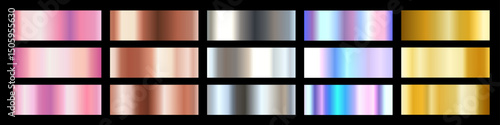Vector set of different foil metallic gradation texture. 3d realistic style design of rose gold, silver, yellow gold, holographic and bronze color shiny gradient. Metal effect in frame for background