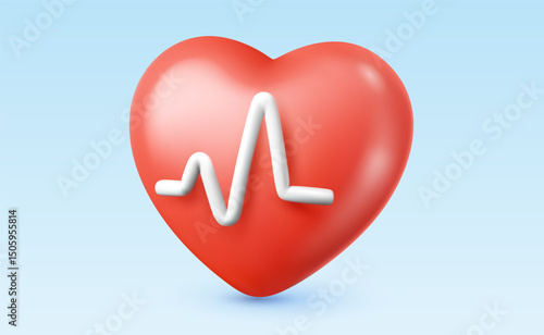 Vector illustration of realistic red color heart with line heartbeat pulse on blue background. 3d cartoon style design of heart with beat pulse. Medical symbol of heartbeat icon