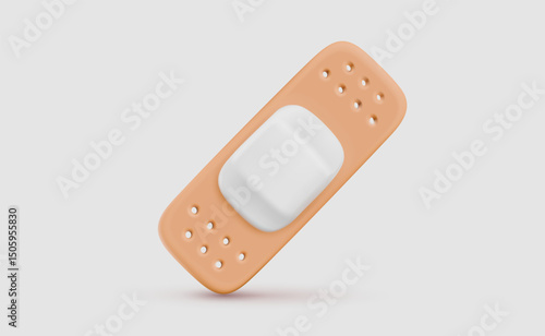 Vector illustration of realistic medical plaster on light background. 3d cartoon style design of hospital band. Medical symbol of band aid icon