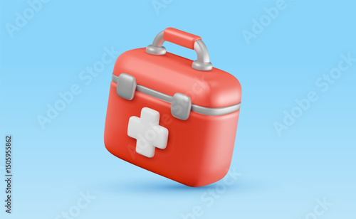 Vector illustration of realistic red color medical box with cross on blue background. Medical symbol of first aid icon. 3d cartoon style design of hospital hand bag with white cross