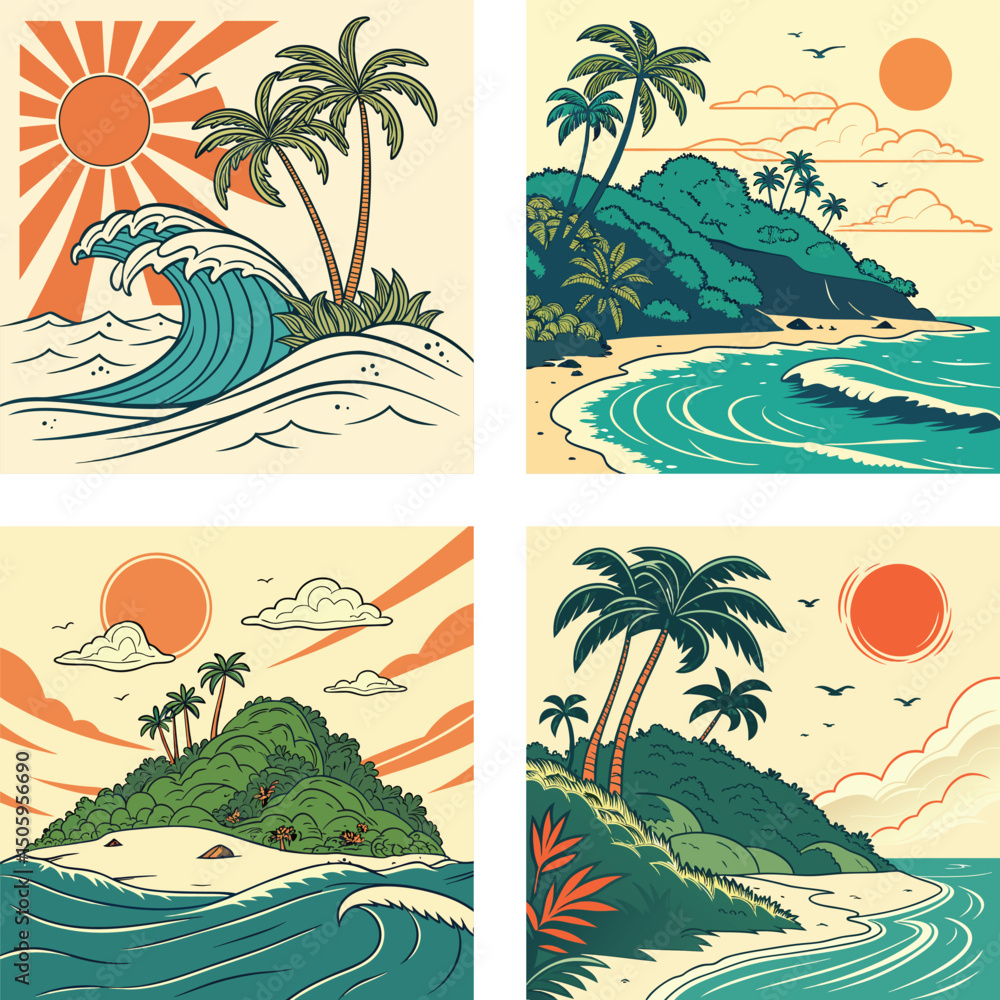 Obraz premium A tropical island with a bright, orange retro sun and blue waves.