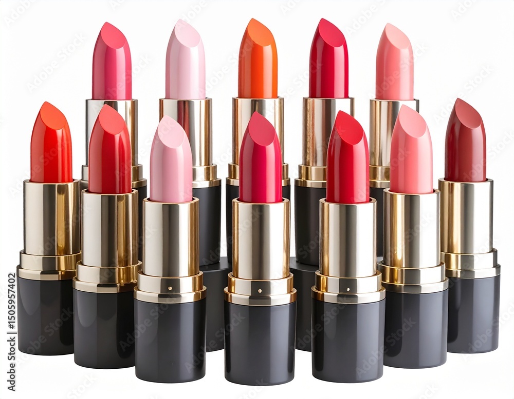 Lipstick Collection Assorted Shades in Stylish Tubes - 3D Render on White Background Lipstick Collection Assorted Shades in Stylish Tubes - 3D Render on White Background