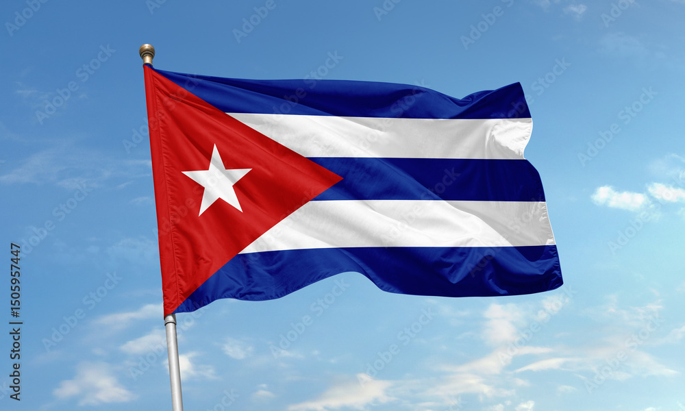 Fototapeta premium Cuban national flag with star waving under clear blue sky