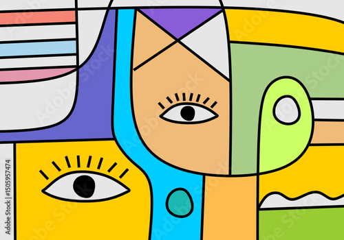 Expressive abstract face illustration with bright colors and flowing geometric lines in cubist pop style.