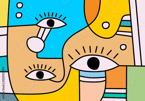 Expressive abstract face illustration with bright colors and flowing geometric lines in cubist pop style.