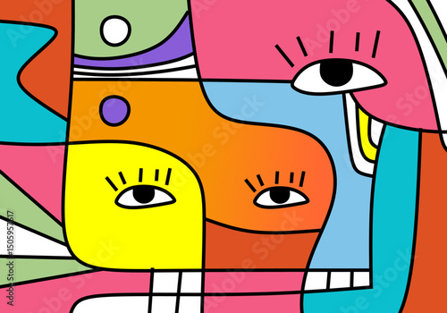 Expressive abstract face illustration with bright colors and flowing geometric lines in cubist pop style.