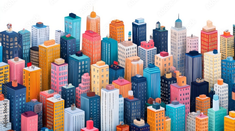 Obraz premium A vibrant city skyline filled with colorful buildings, showcasing diverse architectural styles and urban life.