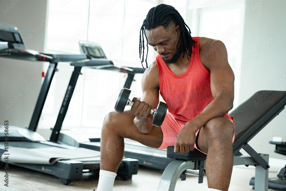 Fototapeta premium African man exercise with dumbbell at fitness gym 