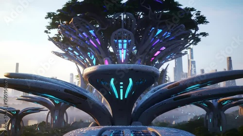 Futuristic bioarchitecture flourishes in hightech urban landscape with lush greenery and neon accents