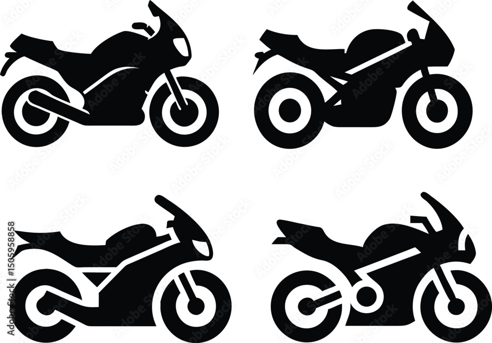 Obraz premium Motorcycle icon set, flat and silhouette vector bikes in a minimal design.
