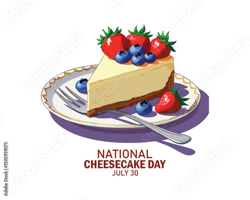National Cheesecake Day poster vector illustration. Piece of cake on a plate icon vector. Sweet pie with berries drawing. Template for background, banner, card. July 30 every year.