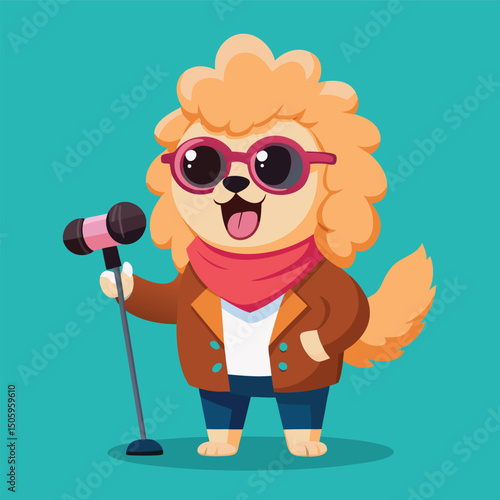 Cartoon dog singing into microphone wearing sunglasses performing music on stage