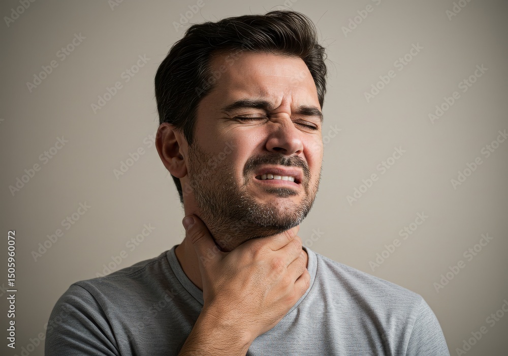 Fototapeta premium Portrait of a white man touching his neck and showing signs of discomfort or pain, suggesting sore throat, inflamed lymph nodes, or neck strain. Neutral gray background. Health and illness theme.